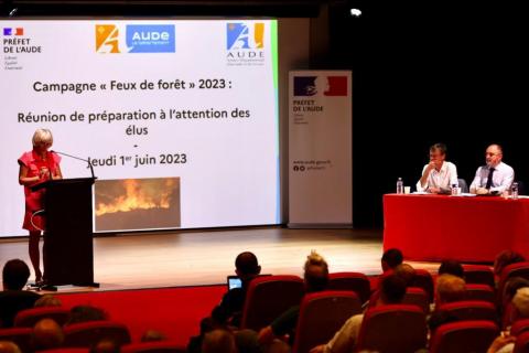 Lancement de la campagne 2023 de prévention et lutte contre les incendies avec Hélène Sandragné, présidente du Département de l'Aude.